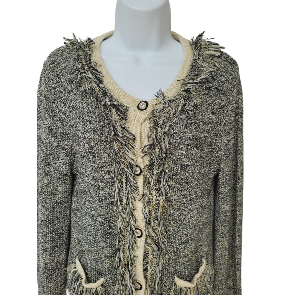 Vintage Y2K Fringe Cardigan Sweater S Shimmery Sparkle Knit Pockets Button